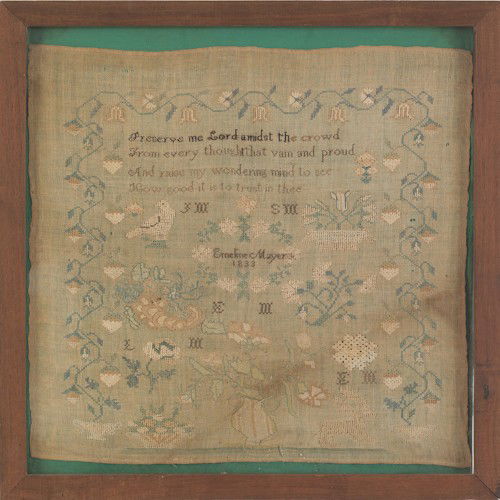 Pennsylvania silk on linen sampler dated 1833: Pennsylvania silk on linen sampler dated 1833, wrought by Emeline Mayer, probably Berks County area, 16 3/4'' x 17 1/2''.