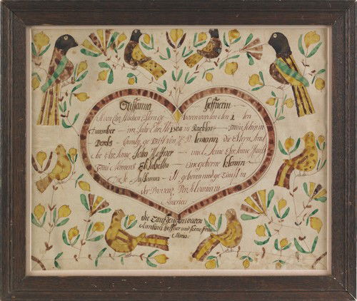 Conrad Trevits (Southeastern Pennsylvania, late: Conrad Trevits (Southeastern Pennsylvania, late 18th/early 19th c.), Rockland Township, Berks County, ink and watercolor on laid paper fraktur birth certificate for Juliana Heffner, b. 1804, 13 1/4''