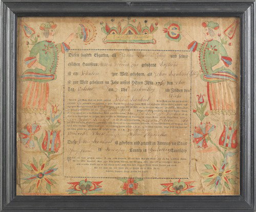 Attributed to Conrad Gilbert (Southeastern Penns: Attributed to Conrad Gilbert (Southeastern Pennsylvania, 1775-1810), Lancaster County watercolor and ink on paper fraktur birth certificate with printed center cartouche by Barton & Johnson, surrounde