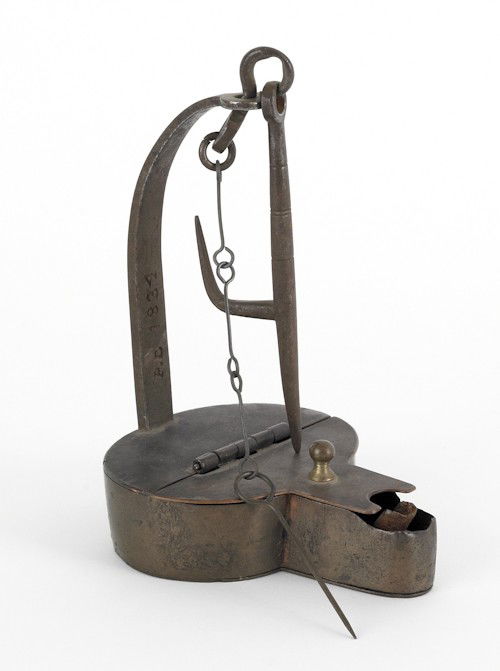 Peter Derr (Berks County, Pennsylvania, 1793-186: Peter Derr (Berks County, Pennsylvania, 1793-1868), copper and iron fat lamp, stamped P.D 1834, 6'' h.