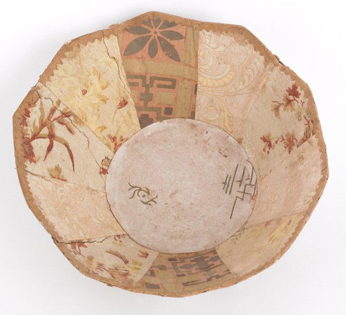 Pennsylvania wallpaper bowl, ca. 1840, with flo: Pennsylvania wallpaper bowl, ca. 1840, with floral decoration on a beige ground, 3 1/4'' h., 8 3/4'' dia.