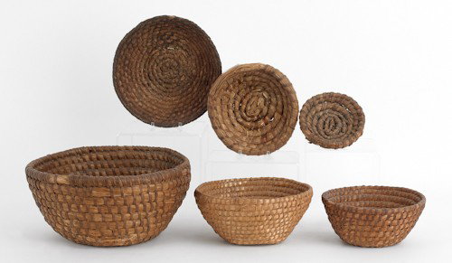 Six Pennsylvania rye straw baskets, 19th c., ta: Six Pennsylvania rye straw baskets, 19th c., tallest - 5 1/2'' h.
