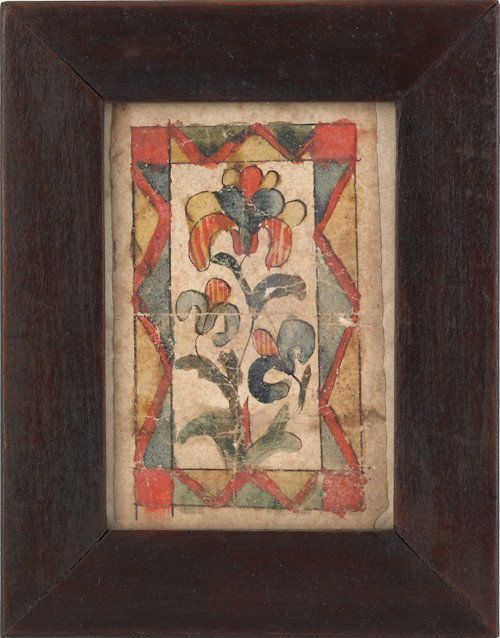 Pennsylvania watercolor fraktur bookplate, early: Pennsylvania watercolor fraktur bookplate, early 19th c., depicting a floral vine, 4'' x 2 1/2''.