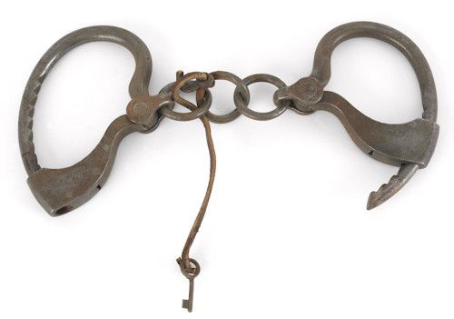 Peter Derr (Berks County, Pennsylvania, 1793-186: Peter Derr (Berks County, Pennsylvania, 1793-1868), rare pair of iron handcuffs, engraved twice Bernville. For a similar example, see Spears The House of Derr, plate 81.