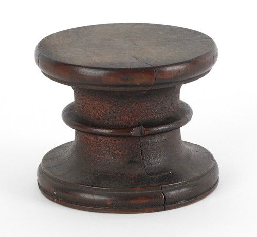 Peter Derr (Berks County, Pennsylvania, 1793-186: Peter Derr (Berks County, Pennsylvania, 1793-1868), rare turned Betty lamp stand, stamped on base P.D, 2 3/4'' h., 3 1/2'' w.