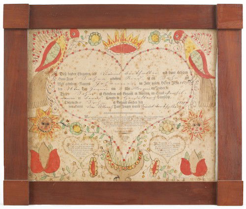 Johann Friederich Krebs (Southeastern, Pennsylva: Johann Friederich Krebs (Southeastern, Pennsylvania, active 1784-1812), printed and watercolor and ink on paper birth record, dated 1827, with a central heart surrounded by typical parrots and tulips,