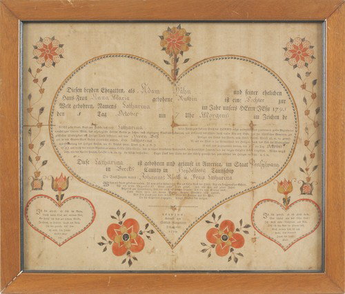 Gottlob Jungmann (Reading, Pennsylvania), print: Gottlob Jungmann (Reading, Pennsylvania), printed and hand drawn fraktur birth certificate for Catharina Hahn, b. 1793, 12 3/4'' x 15 1/2''.