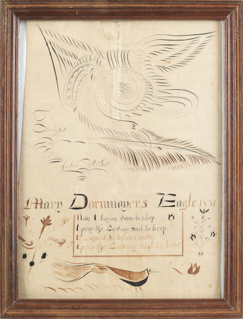 Pennsylvania ink and watercolor fraktur calligra: Pennsylvania ink and watercolor fraktur calligraphy, titled Mary Donnmayer's Eagle 1851, Executed by Andrew McGill, 17 1/4'' x 12 3/4''.