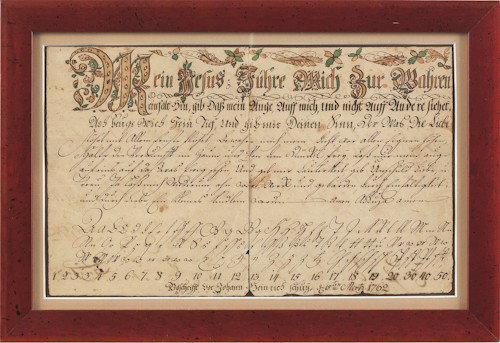 Lebanon County, Pennsylvania, watercolor and in: Lebanon County, Pennsylvania, watercolor and ink on paper fraktur vorschrift for Johann Heinrich Schuey, born 1750 in Bethel Township, 7 1/2'' x 12''.