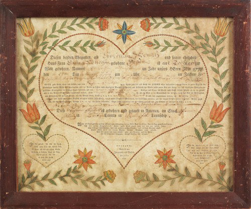 Engraver Artist (Pennsylvania, active 1791-1804): Engraver Artist (Pennsylvania, active 1791-1804), watercolor and ink on wove paper and printed birth certificate, printed by Jungmann & Gruber for Christian & Sabina Mensch, Springfield Township, Buck