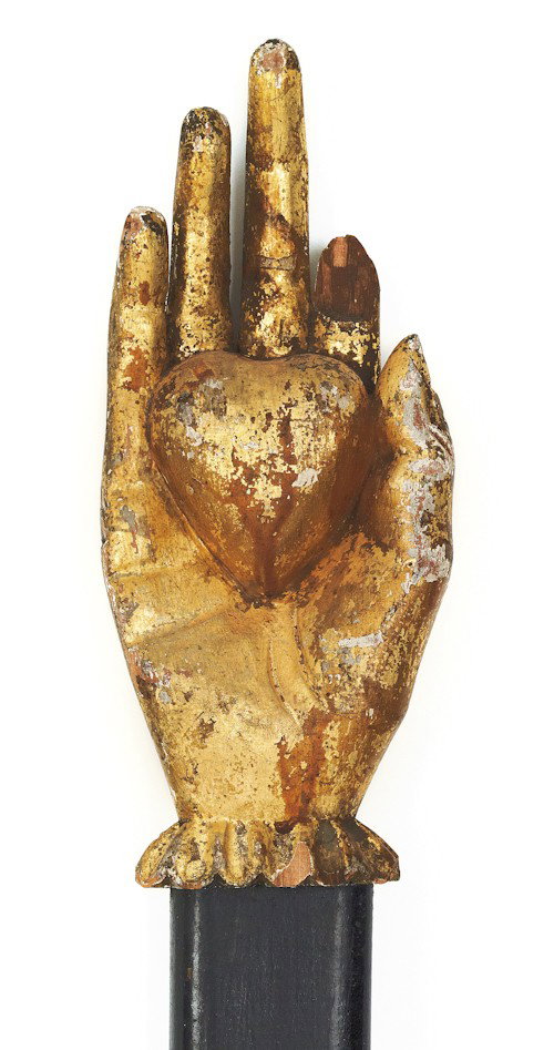 American carved and painted heart-in-hand Odd Fe: American carved and painted heart-in-hand Odd Fellowship Lodge parade staff, 19th c., 70'' l.