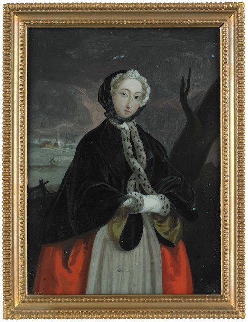 English reverse painted portrait of a woman, earl: English reverse painted portrait of a woman, early 19th c., 13 3/4'' x 10''.