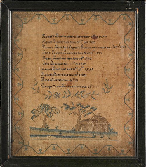 Silk on linen Quail family register, early 19th c: Silk on linen Quail family register, early 19th c., 19 1/2'' x 16 1/2''.