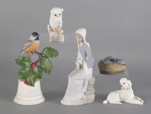 Two Boehm birds, 20th c., together with a Boehm d: Two Boehm birds, 20th c., together with a Boehm dog, Cybis owl, and Lladro figure, tallest - 9 1/4'' h.