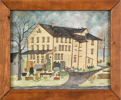 Dolores Hackenberger (American, b. 1930), two oil: Dolores Hackenberger (American, b. 1930), two oil on canvas Jakes Antiques and Junk, signed lower right, together with an Amish school scene, 16'' x 20''.