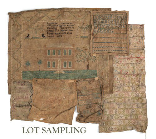 Eleven unframed samplers, 18th/19th c., together: Eleven unframed samplers, 18th/19th c., together with three silk and metallic thread floral panels.