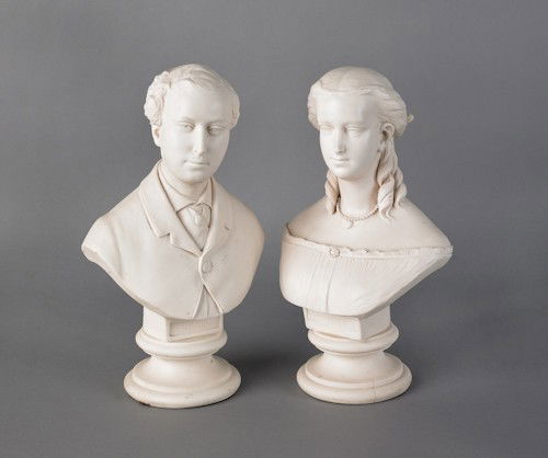 Pair of John Rose & Coalport Parian busts of Prin: Pair of John Rose & Coalport Parian busts of Princess Alexandra and His Royal Highness, the Prince of Wales, stamped Feb. 18, 1863, 13 1/2'' h.