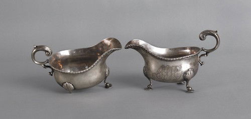 Pair of silver sauce boats, ca. 1770, bearing a f: Pair of silver sauce boats, ca. 1770, bearing a faint touch, possibly Joseph Smith, Boston, 4 3/4'' h., 7 3/4'' w., 23.3 ozt.