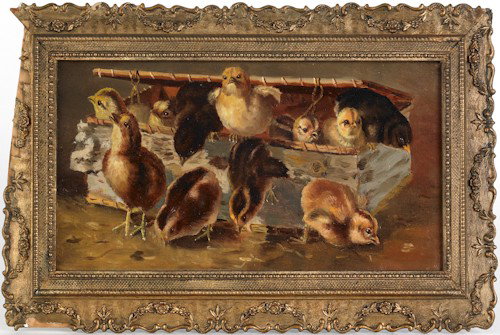 Oil on canvas of chicks in a box, late 19th c., 6: Oil on canvas of chicks in a box, late 19th c., 6'' x 12'', together with an oil on canvas cabin scene, 8'' x 10''.