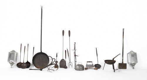 Copper apple butter kettle, together with a group: Copper apple butter kettle, together with a group of iron hearth equipment and a pair of sconces.