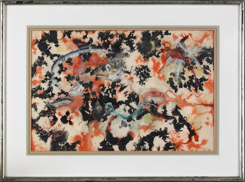 Watercolor abstract ocean scene, signed Rees '59: Watercolor abstract ocean scene, signed Rees '59, 13 1/2'' x 20 1/2'', together with a double-sided oil on board abstract, 31'' x 46''.