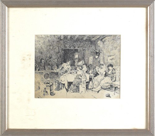 Joseph Pennell (American, 1857-1926), ink interio: Joseph Pennell (American, 1857-1926), ink interior, titled Bacchanal, signed lower left, 8'' x 11''.