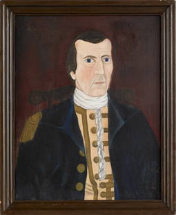 Pat Kelbaugh (American, 20th c.), oil on canvas f: Pat Kelbaugh (American, 20th c.), oil on canvas folk portrait, after Winthrop Chandler, 20'' x 16''.