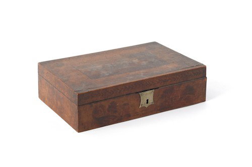 Bird's-eye maple veneer dresser box, inscribed M: Bird's-eye maple veneer dresser box, inscribed Mary Rands Painted by Sarah S. Forbes Oct 13 1819, the lid decorated with a landscape and house, 3'' h., 11'' w., 7'' d.