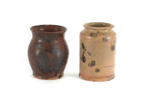 Two American redware crocks, 19th c., with mangan: Two American redware crocks, 19th c., with manganese decoration, 6'' h. and 6 1/2'' h.