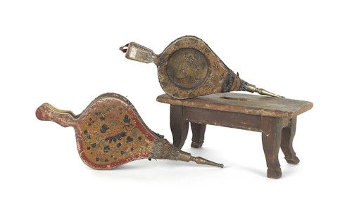 Two painted bellows, together with a foot stool,: Two painted bellows, together with a foot stool, 19th c.