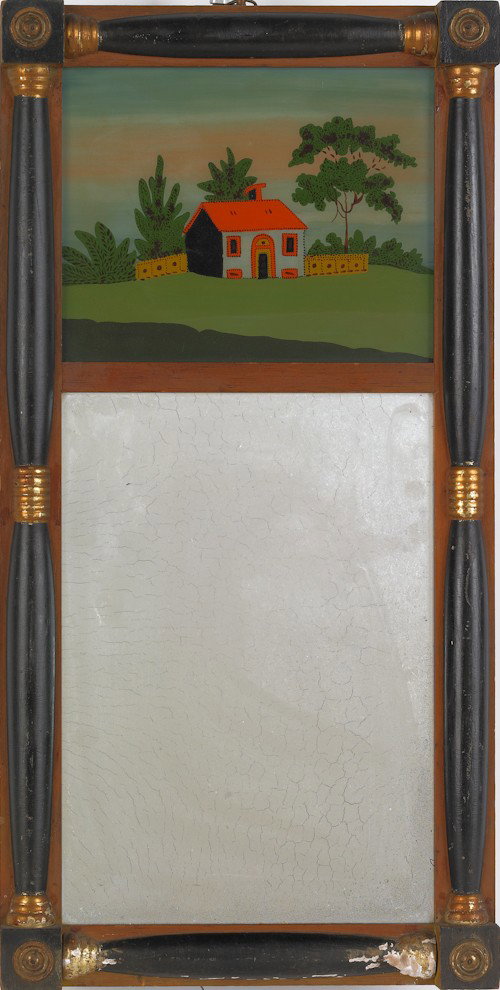 Sheraton mirror with ?glomis? panel, 25'' l., 12 3: Sheraton mirror with ?glomis? panel, 25'' l., 12 3/4'' w.