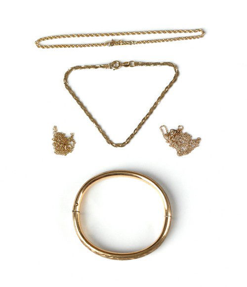 Bracelets and chains, two 14K yellow gold chain b: Bracelets and chains, two 14K yellow gold chain bracelets, one gold-filled child's bangle and two other chains (as is), one is marked 14K yellow gold, 8.3 dwt.