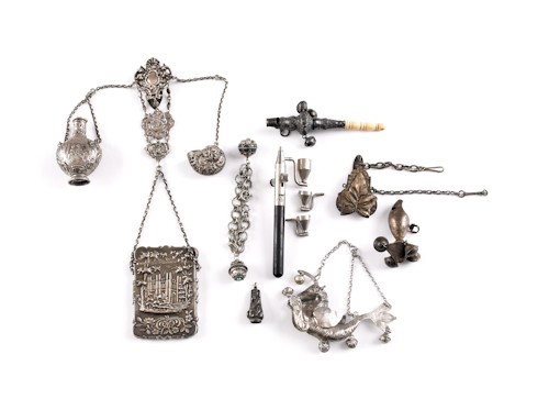 Silver chatelaine, rattles and dragon rattle, etc: Silver chatelaine, rattles and dragon rattle, etc., late 19th/early 20th c.