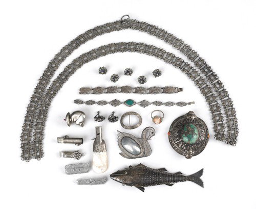 Group of sterling, hallmarked, and 800 silver jew: Group of sterling, hallmarked, and 800 silver jewelry, to include 19th c. examples, together with a fish form pendant snuff box.