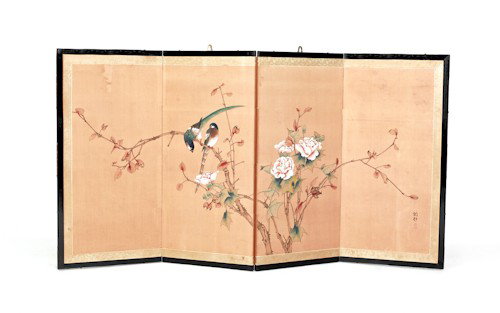 Two Chinese four-part painted folding screens, 36: Two Chinese four-part painted folding screens, 36'' h., 64'' w.