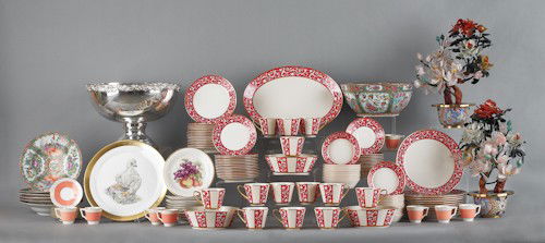 Six Chinese rose medallion soup bowls, together w: Six Chinese rose medallion soup bowls, together with two Chinese carved hardstone trees, a Lenox tea set, a group of Lenox firesong china, a Boehm bird plate, silver plate punch bowl, and a rose medal