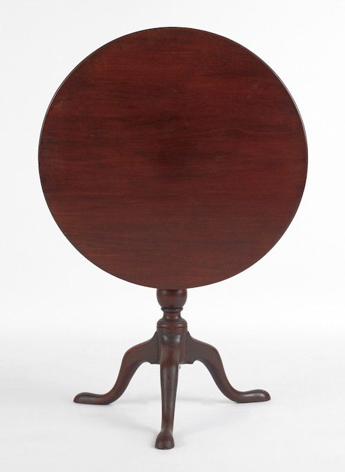 George III mahogany tilt top tea table, 27 1/4'' h: George III mahogany tilt top tea table, 27 1/4'' h., 29'' w.