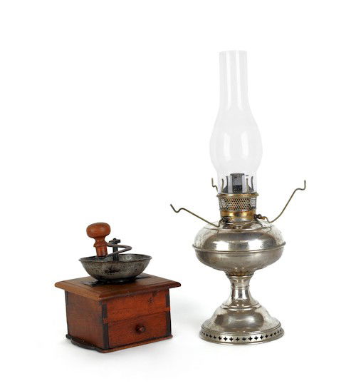 Pennsylvania walnut coffee grinder, 19th c., toge: Pennsylvania walnut coffee grinder, 19th c., together with a Rayo lamp.