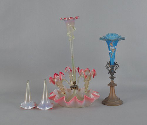 Victorian epergne, 19th c., 20'' h., together with: Victorian epergne, 19th c., 20'' h., together with an enameled trumpet vase.