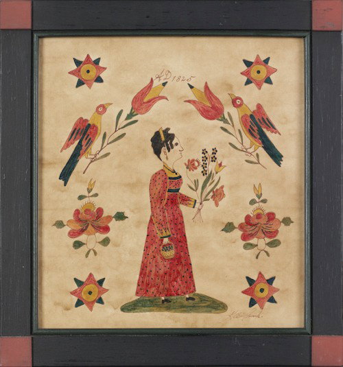 G.B. French (American, 20th c.), three watercolor: G.B. French (American, 20th c.), three watercolor fraktur/portraits, 13'' x 10''.