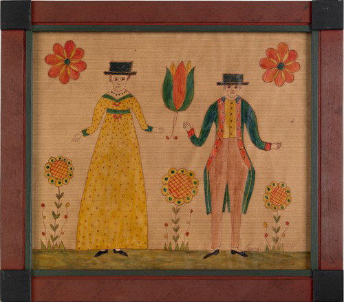G.B. French (American, 20th c.), three watercolor: G.B. French (American, 20th c.), three watercolors, together with two other frakturs and a charcoal study, largest - 9 1/4'' x 11''.