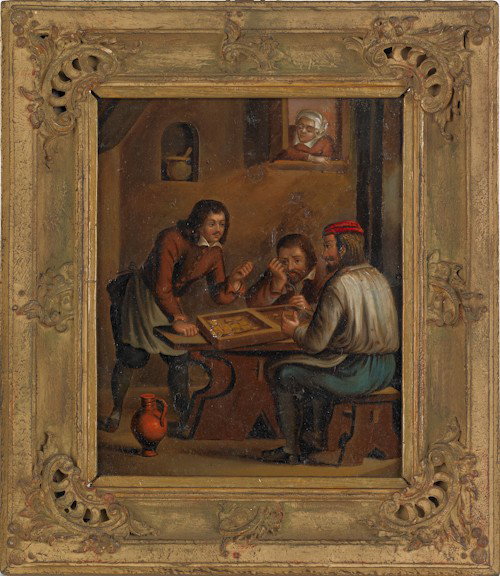 Miniature portrait on porcelain of a young girl,: Miniature portrait on porcelain of a young girl, together with two enameled plaques, and an oil on tin tavern scene.