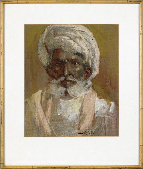 Oil on board portrait of an Arabian man signed lo: Oil on board portrait of an Arabian man signed lower right, together with a gouache and pencil portrait of a man signed lower right, 15'' x 13''.
