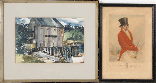 Watercolor coastal scene depicting boats and a bo: Watercolor coastal scene depicting boats and a boathouse, 13 1/8'' x 20'', together with a print of a fox hunt scene.
