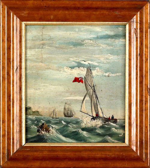 Oil on board nautical scene with a British sail s: Oil on board nautical scene with a British sail ship, 8'' x 6 3/4''.