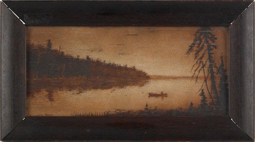 Ink drawing on bark depicting an Indian and a can: Ink drawing on bark depicting an Indian and a canoe, 5 1/4'' x 12''.