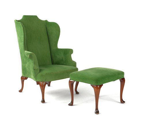 Saybolt Cleland breakfast table, 28 1/2'' h., 49'': Saybolt Cleland breakfast table, 28 1/2'' h., 49'' w., 41'' d., together with a Saybolt Cleland wing chair and footstool.
