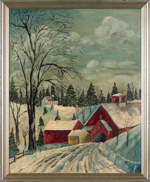 Oil on board winter scene, signed T.W. Battopara: Oil on board winter scene, signed T.W. Battoparan, 29 1/2'' x 24'', together with an oil on board scene, signed T.W. Carlsen, 29 1/2'' x 19 1/2''.