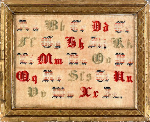Needlework sampler, late 19th c., 7'' x 9''.: Needlework sampler, late 19th c., 7'' x 9''.
