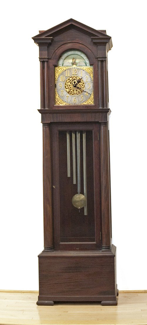 Royal Furniture Company mahogany tall case clock,: Royal Furniture Company mahogany tall case clock, ca. 1900, with chimes, 94'' h.